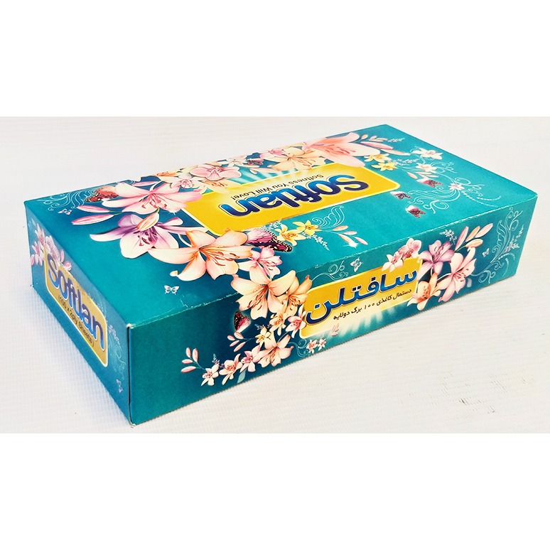 دستمال کاغذی جعبه 100 برگ دولا سفید طرح باغ بهشت آبی | فروشگاه مورچه